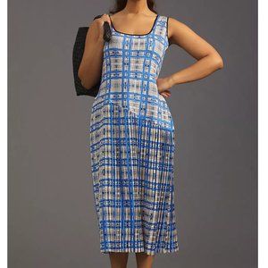 💙 Anthropologie Dhruv Kapoor Plaid Mesh Midi Dress - Blue White Plaid XL